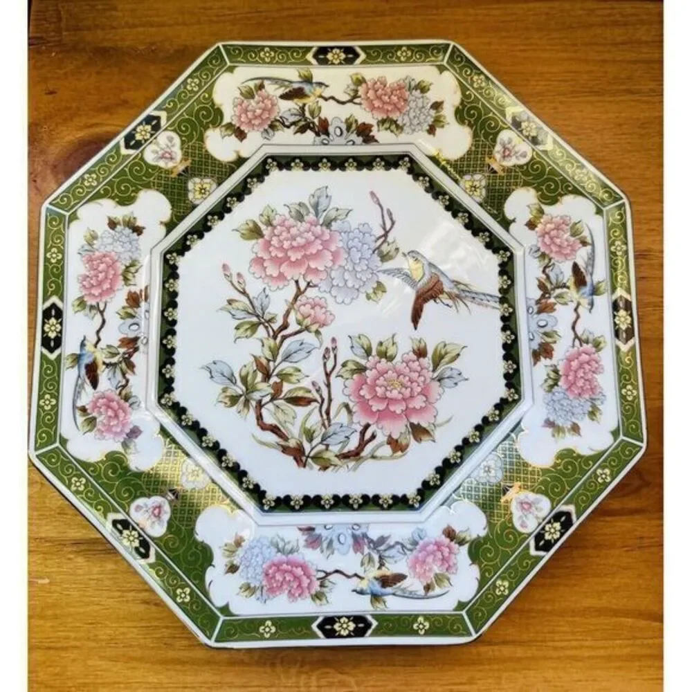 Vintage Octagon‎ Green Dinner Plate Peonies Bird AA Importing Co Made In Japan